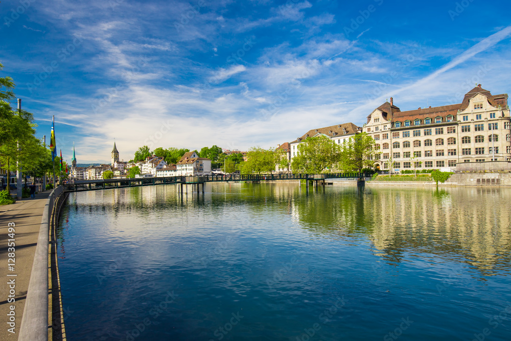 View of historic Zürich city center with famous Fraumünster Church, Limmat river and Zürich lake