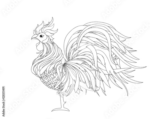 Rooster. Vector. Monochrome. Black and white graphic style.Symbol 2017.Isolated Cockerel 