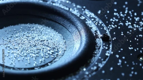 Closeup at moving music sub-woofer. Speaker part.