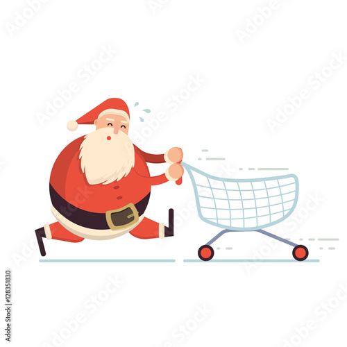 Santa Claus running hard with shopping cart and getting tired. C