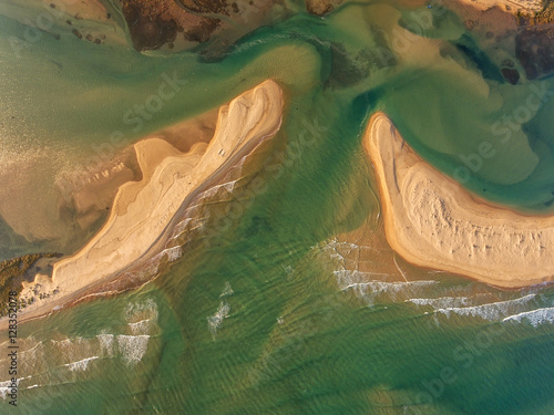 Aerial. Abstract picture of sandy beaches Ria Formosa.