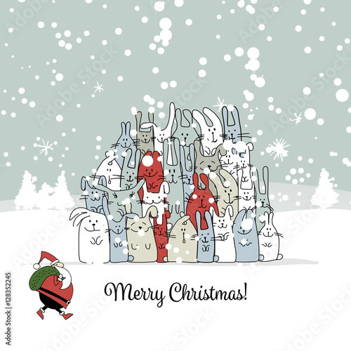 Christmas card with santa and rabbit family