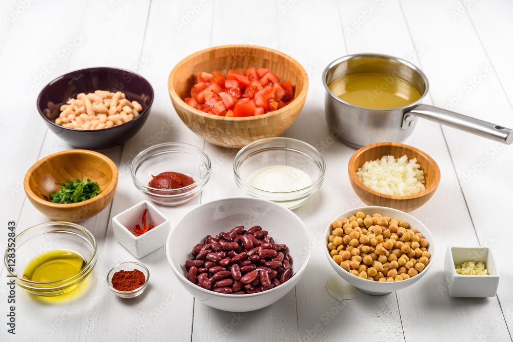 Food Ingredients For Chili Bean Stew On White Wood Table Food Ingredients For Chili Bean Stew On White Wood Table