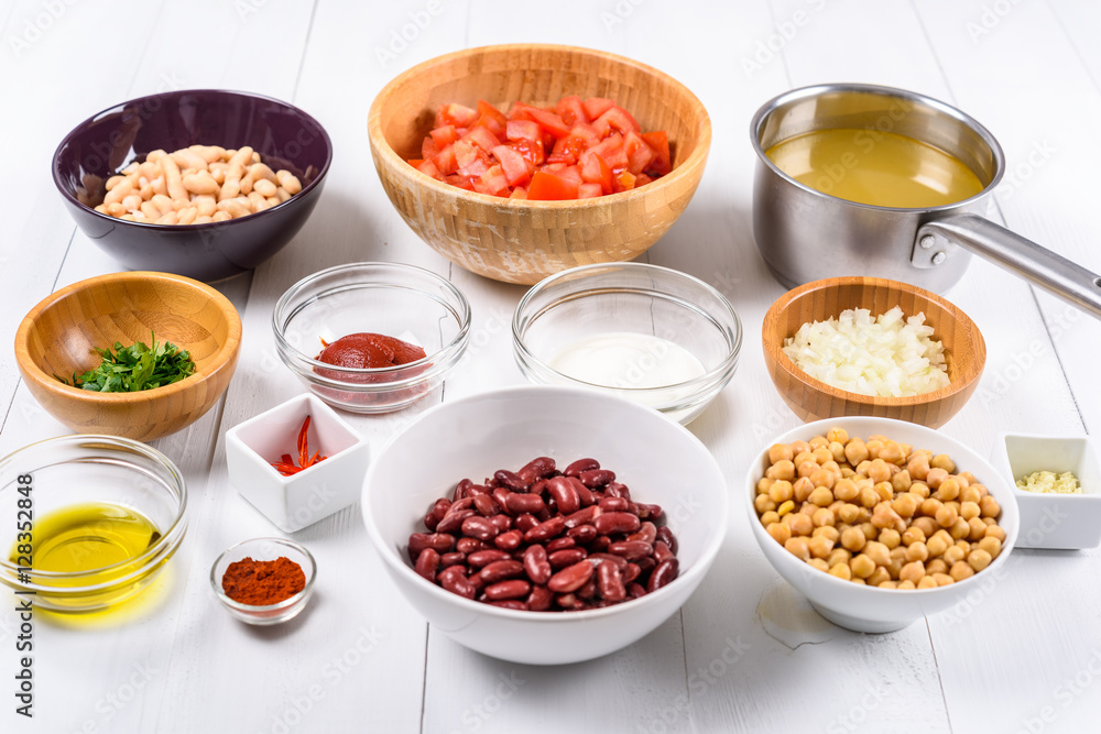 Food Ingredients For Chili Bean Stew On White Wood Table Food Ingredients For Chili Bean Stew On White Wood Table