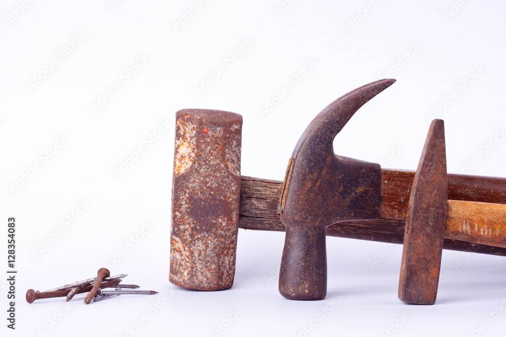 old Traditional curved claw hammer and Tack hammer and Sledge hammer