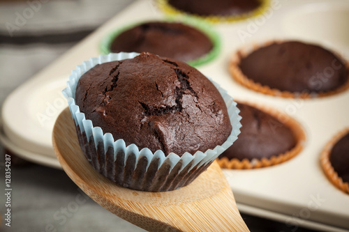 Freshly baked chocolate muffins.