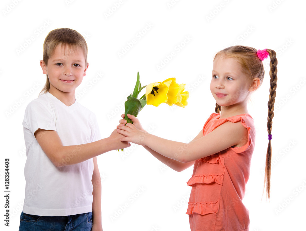 boy gives a girl yellow tulips boy gives a girl yellow tulips