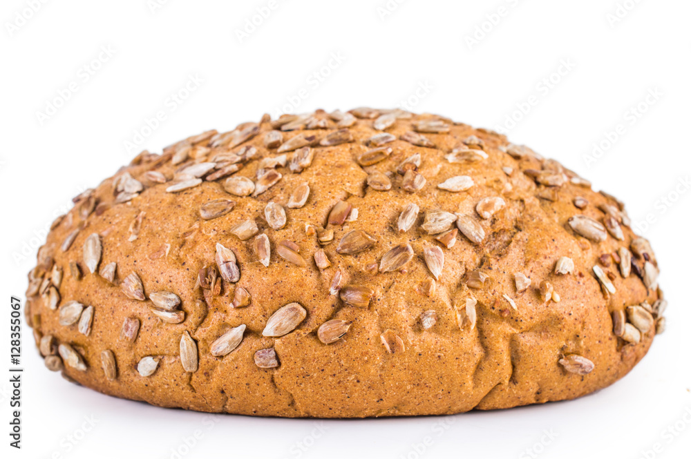 Round bread with seeds isolated on white background Round bread with seeds isolated on white background