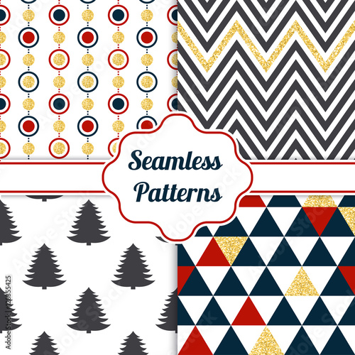 Gold collection of seamless patterns with blue, red, white colors. Set of seamless backgrounds with traditional symbols -pine tree, and suitable abstract patterns.
