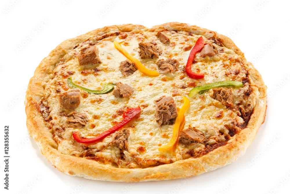 Pizza with tuna on white background Pizza with tuna on white background
