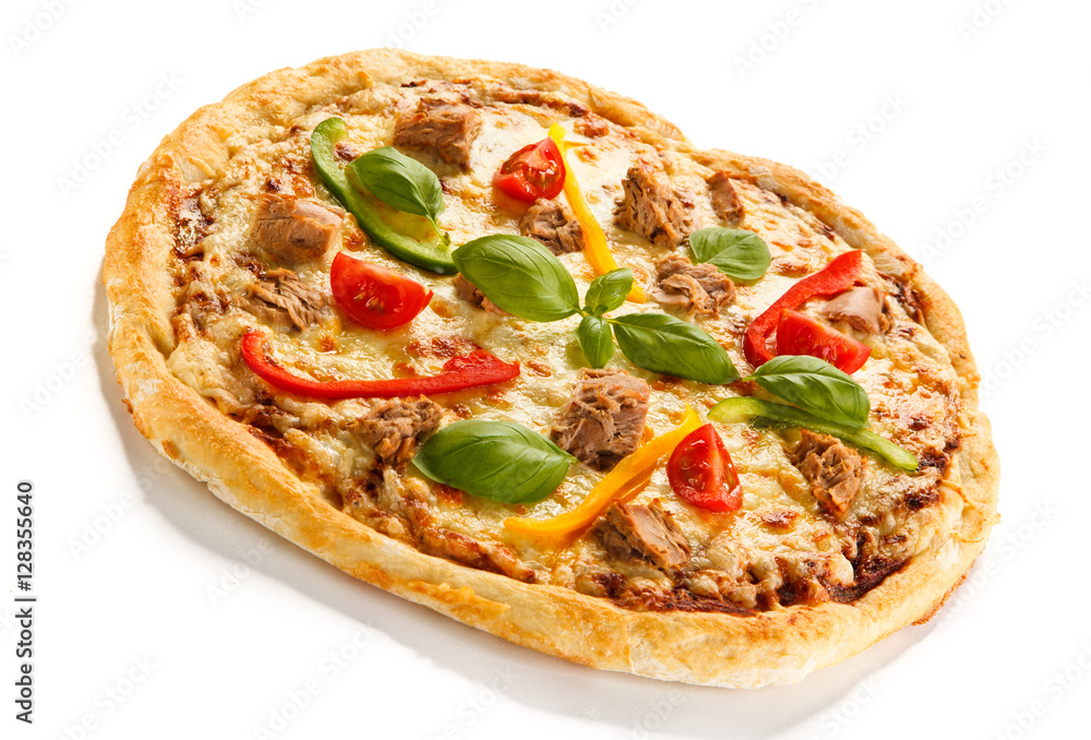 Pizza with tuna on white background