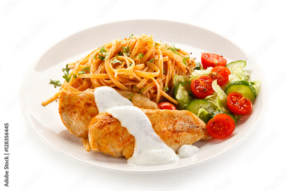 Fried chicken fillet, pasta and vegetables Fried chicken fillet, pasta and vegetables