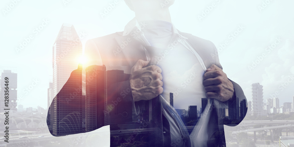 Exposure of businessman and modern city . Mixed media Exposure of businessman and modern city . Mixed media