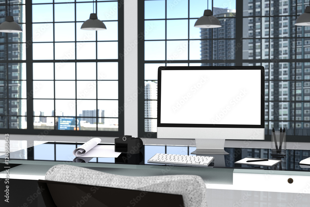 Fototapeta premium 3D Rendering : illustration close up of Creative designer office desktop with blank computer,keyboard,camera,lamp and furniture on background with window and city view. clipping path include