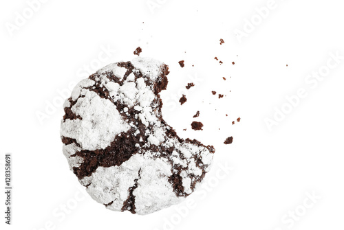 Bitten homemade chocolate crinkle cookie powdered sugar photo