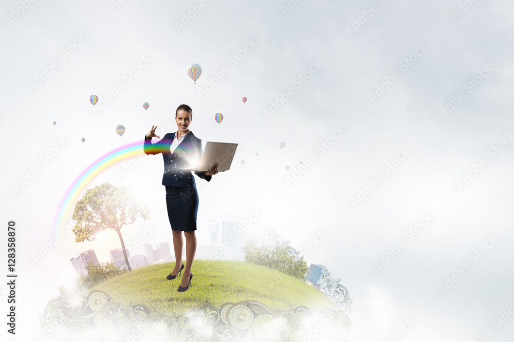 Woman with laptop in hands . Mixed media Woman with laptop in hands . Mixed media