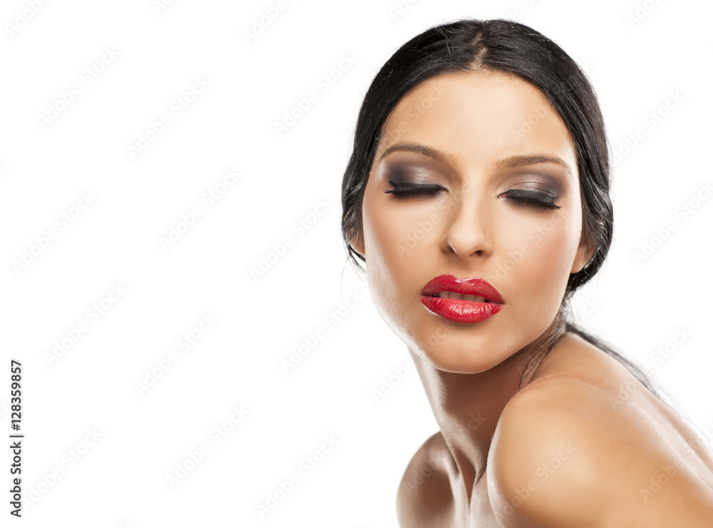 good makeup, artificial eyelashes, red lipstick and bare shoulders good makeup, artificial eyelashes, red lipstick and bare shoulders