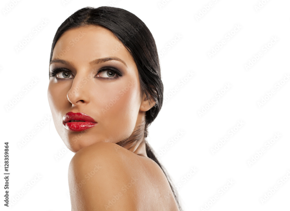 good makeup, artificial eyelashes, red lipstick and bare shoulders good makeup, artificial eyelashes, red lipstick and bare shoulders