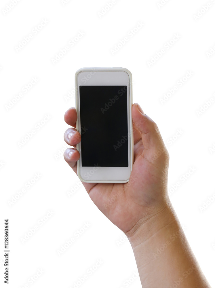 Hand of man holding a smartphone isolated on white background. Hand of man holding a smartphone isolated on white background.