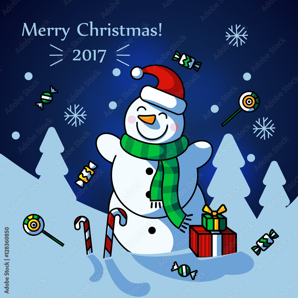 Christmas snowman on the background of snowy forest Christmas snowman on the background of snowy forest