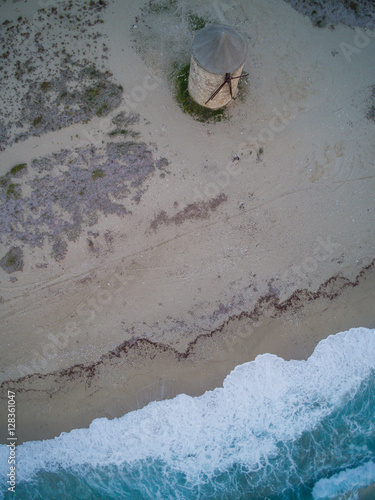 Drone view of Old windmill ai Gyra beach, Lefkada Greece photo