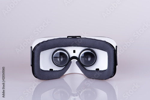Rear inside view of virtual reality VR headset, isolated on white background, with reflection