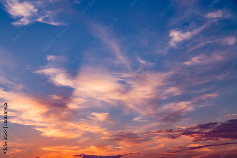 Sunset sunrise clouds on sky, nature landscape