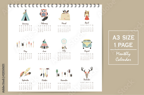 Colorful cute monthly calendar 2017 with tent,whale,feather,arro