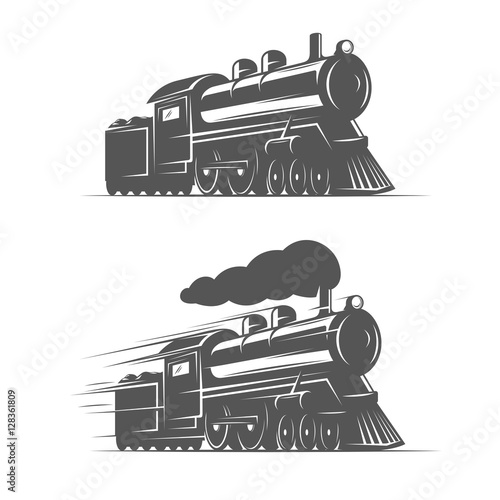 Vintage steam train isolated on white background, old retro railroad