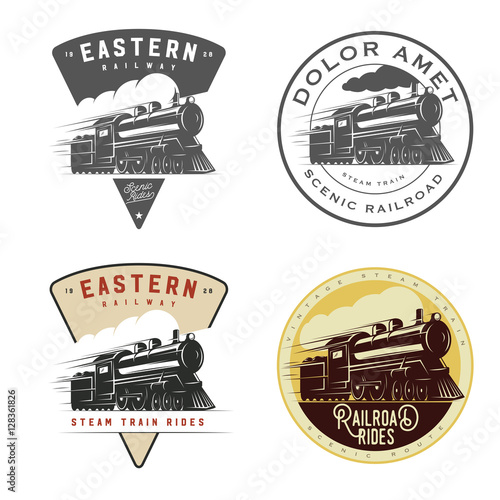 Set of vintage retro railroad steam train logos, emblems, labels and badges