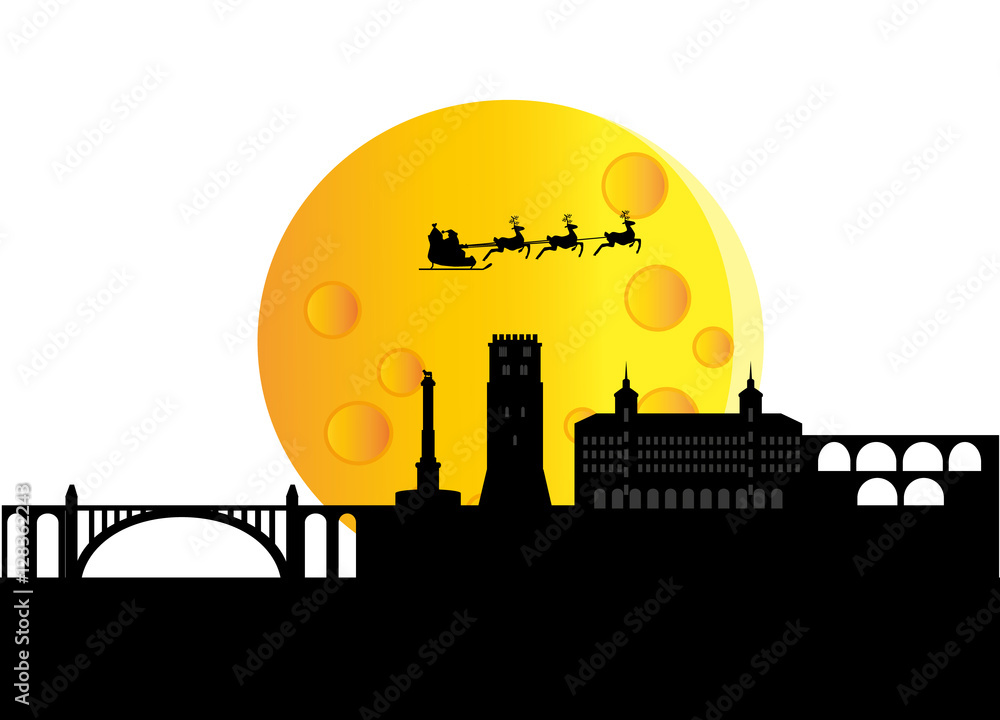 Santa claus flying over skyline of teruel in spain