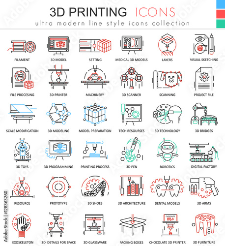 Vector 3d printing color line outline icons for apps and web design. Future 3d printing technology icons.