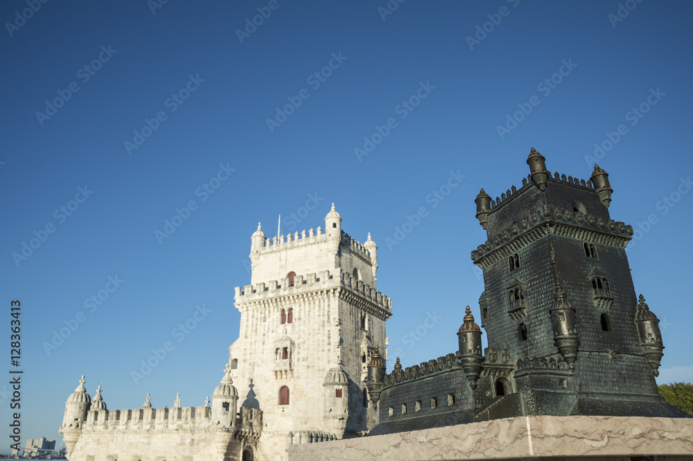 Torre of Belem and Miniature of Belem Tower, famouse landmark of Lisbon, Portugal