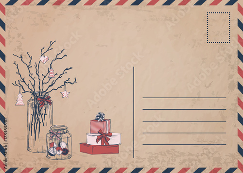 Vintage Christmas card with gifts and presents