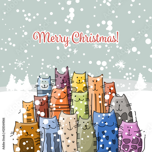Christmas card with happy cats family