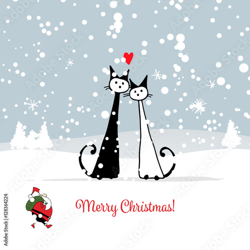 Christmas card with santa and cats couple
