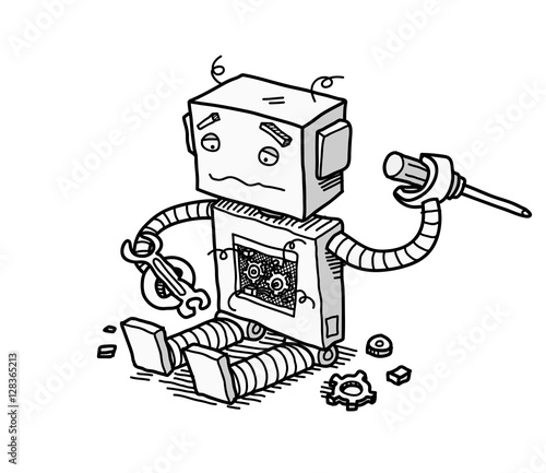 Broken Robot Fix Technology. A hand drawn vector cartoon illustration of a broken robot trying to fix itself.