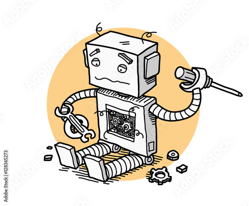 Broken Robot Fix Technology. A hand drawn vector cartoon illustration of a broken robot trying to fix itself.
