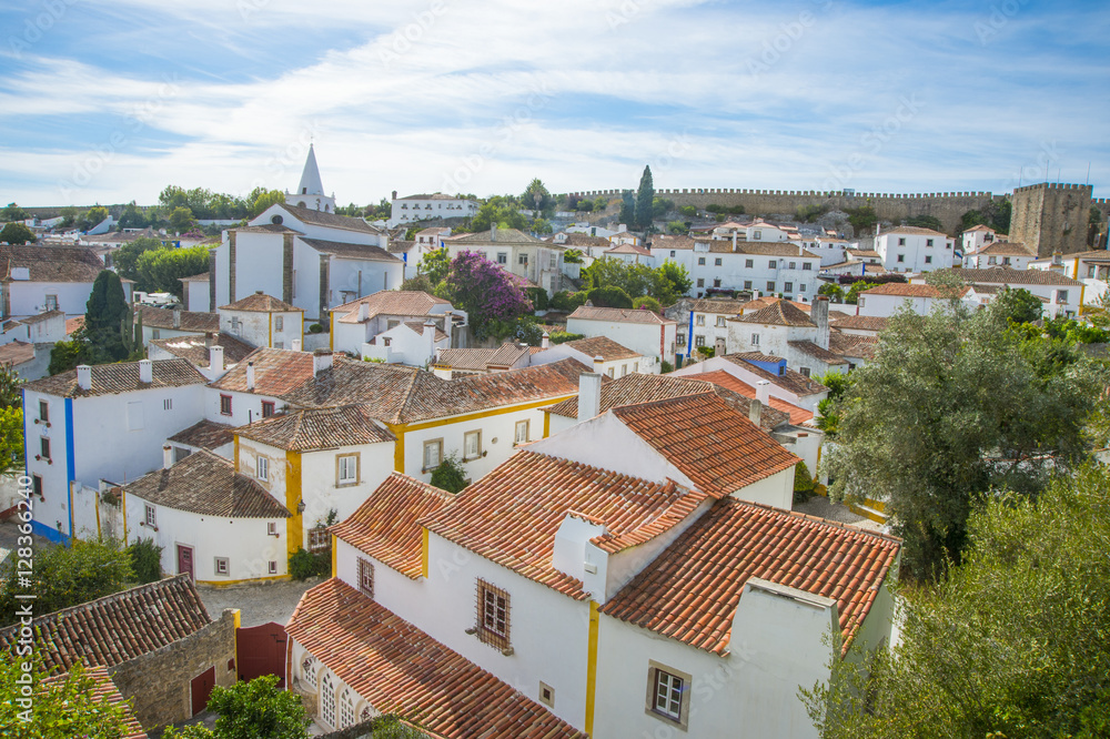 Obraz premium Obidos, Portugal : Cityscape of the town with medieval houses, wall and the Albarra tower. Obidos is a medieval town still inside castle walls, and very popular among tourists.