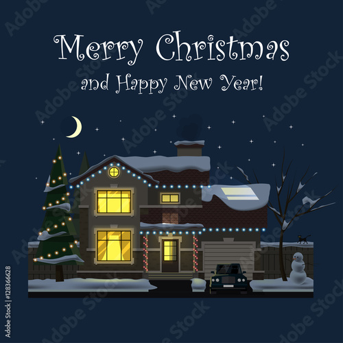 Merry Christmas and Happy New Year. Family house at night. Winter. Hearth and home. Flat design. For your project. Vector Illustration