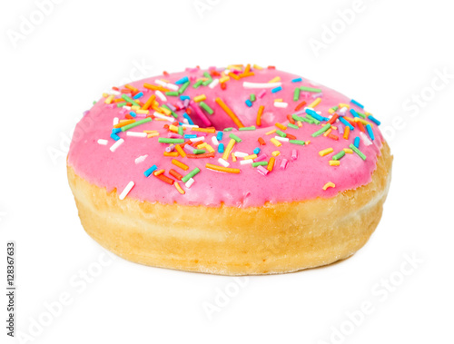 Strawberry donut with colorful sprinkles