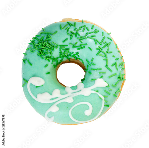 Tasty donut with decorated sprinkles. Top view.