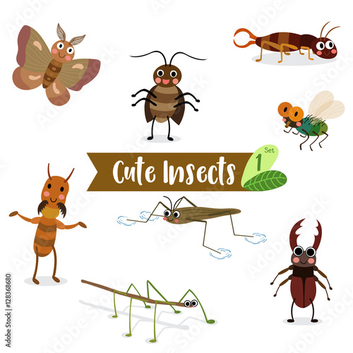 Cute Insects Animal cartoon on white background. Fly. Cockroach. Pond Skater. Stick Insect. Moth. Termite. Earwig. Stag Beetle. Beetle. Vector illustration. Set 1.