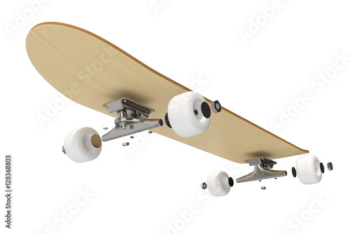 3d rendring disassembled schematic skateboard on white background