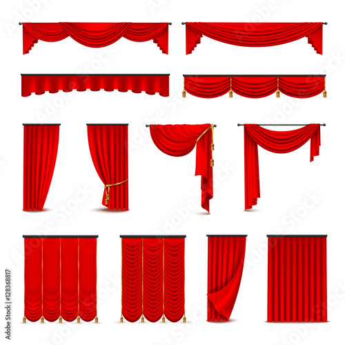 Luxury Red Curtains Draperies Realistic Set