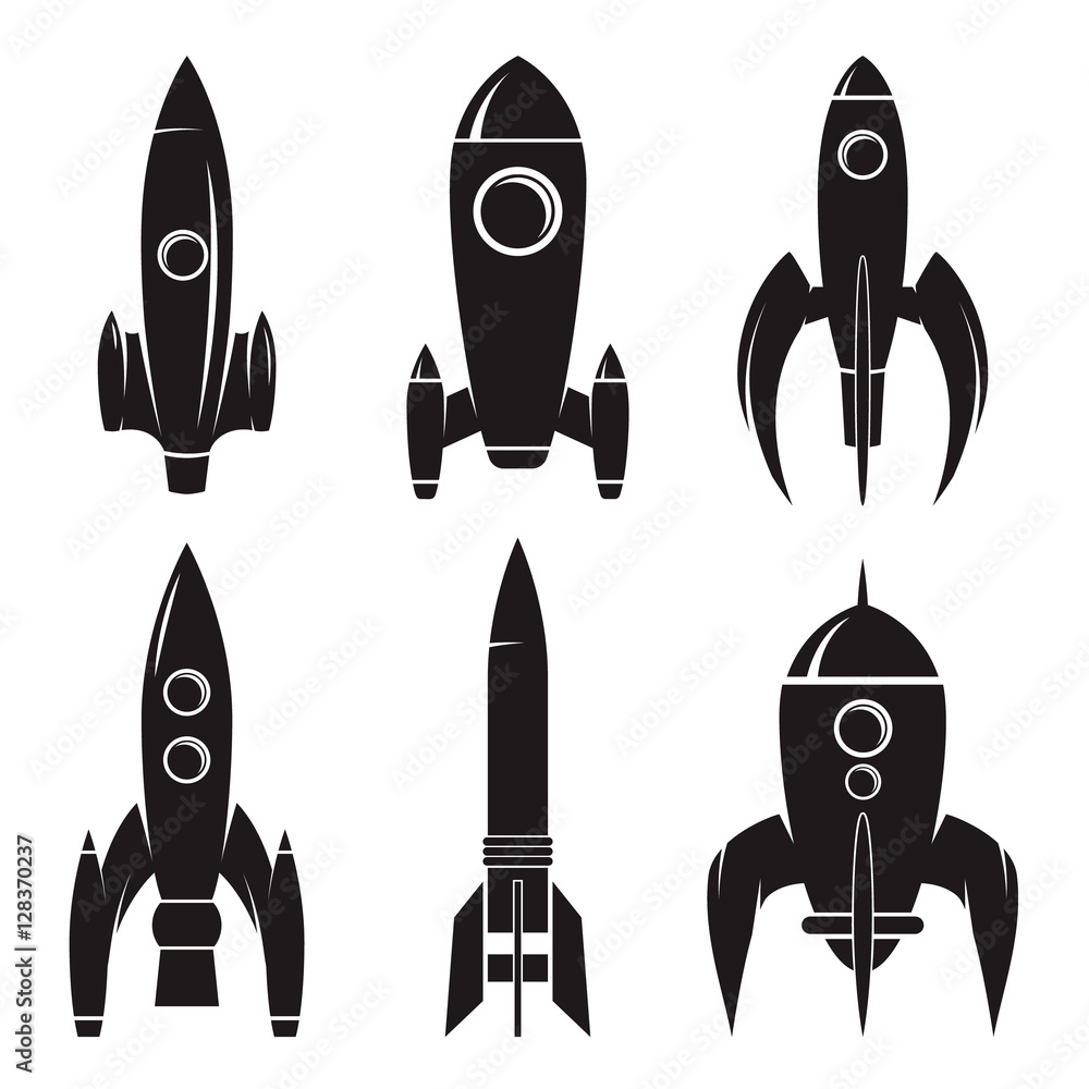 Set of the rockets isolated on white background. Design elements for logo, label, emblem, sign, brand mark. Vector illustration. Set of the rockets isolated on white background. Design elements for logo, label, emblem, sign, brand mark. Vector illustration.