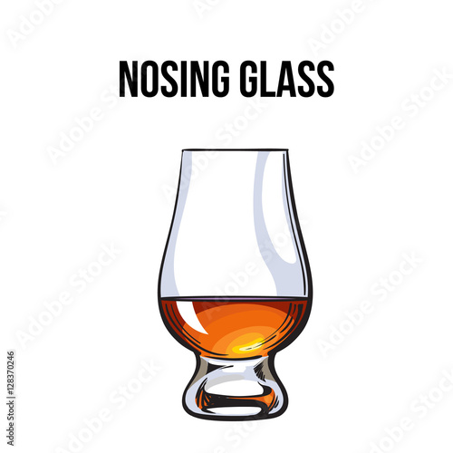 Scotch whiskey, rum, brandy nosing glass, sketch style vector illustration isolated on white background. Realistic hand drawing of a nosing glass for whiskey, scotch, brandy