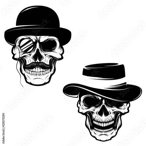 Set of Skulls in hat and monocle. Design element for logo, label, emblem, sign, brand mark, t-shirt print. Vector illustration.