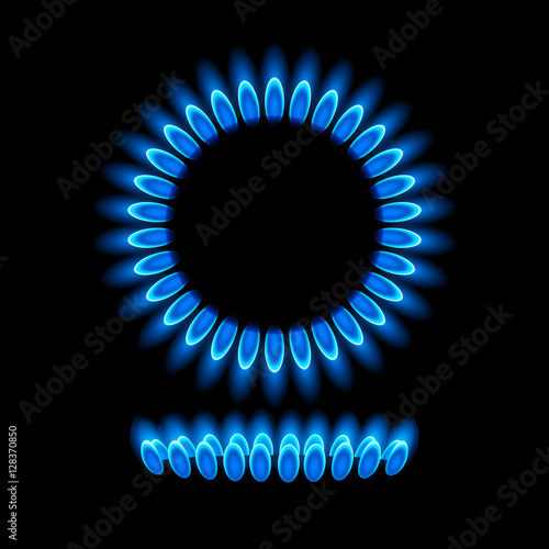 Gas burners, blue flame, top and side view, vector background