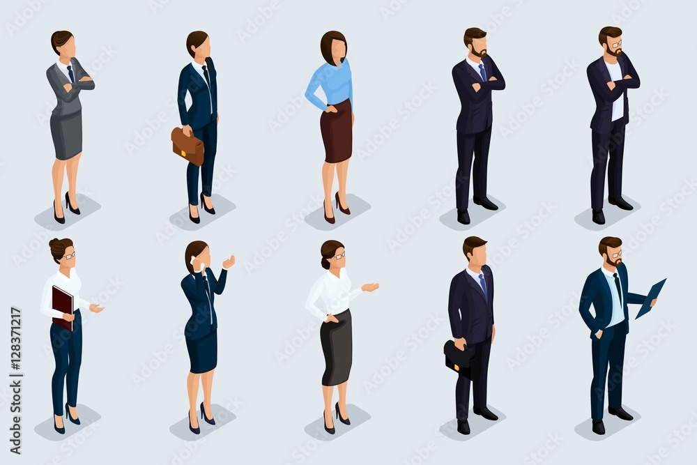 Isometric set of men and women in business attire, of a corporate code of business people. Businessmen on a gray background, isolated. Vector illustration